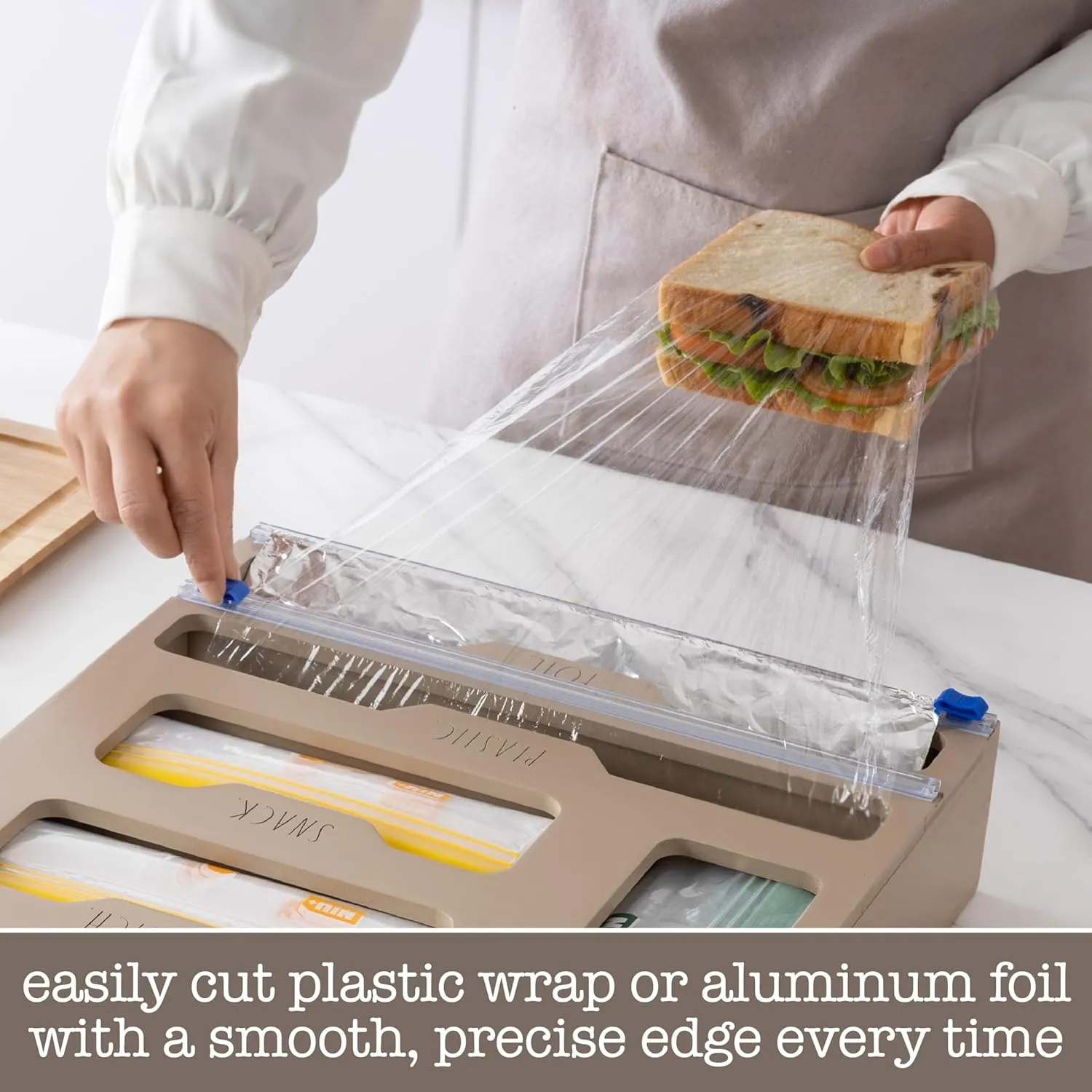 Rae Dunn Bamboo Bag Organizer for Kitchen Drawer - Durable Wood Organizer for Kitchen Storage - Holds Gallon, Quart, Snack, Sandwich Size Baggies, Plastic Wrap and Foil