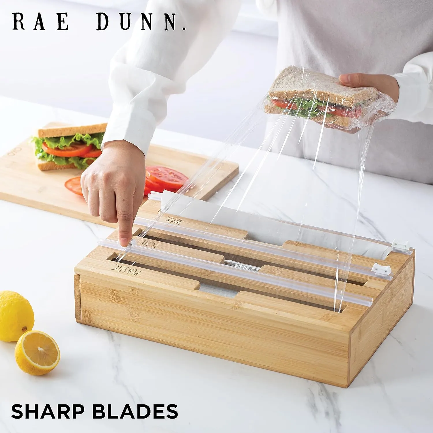 Rae Dunn Bamboo Bag Organizer for Kitchen Drawer - Durable Wood Organizer for Kitchen Storage - Holds Gallon, Quart, Snack, Sandwich Size Baggies, Plastic Wrap and Foil