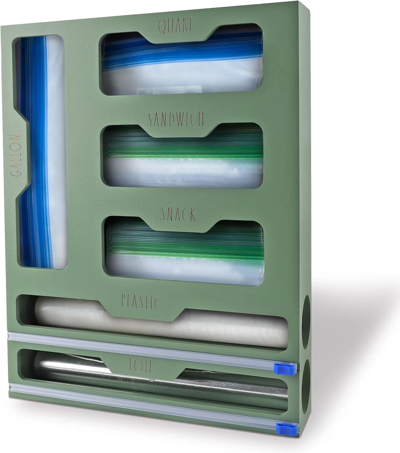 Rae Dunn Bamboo Bag Organizer for Kitchen Drawer - Durable Wood Organizer for Kitchen Storage - Holds Gallon, Quart, Snack, Sandwich Size Baggies, Plastic Wrap and Foil