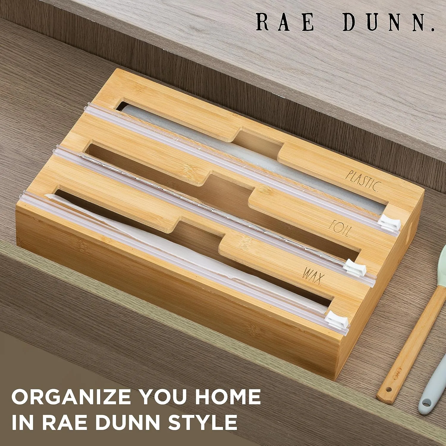 Rae Dunn Bamboo Bag Organizer for Kitchen Drawer - Durable Wood Organizer for Kitchen Storage - Holds Gallon, Quart, Snack, Sandwich Size Baggies, Plastic Wrap and Foil