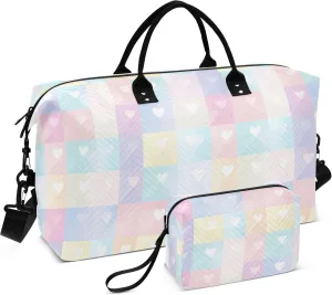 Rainbow Heart Striped Travel Duffel Bag with Toiletry Bag Personalized Weekender Bag for Travel Sports Trips Large Overnight Bag Gym Duffel Bag for Women & Men