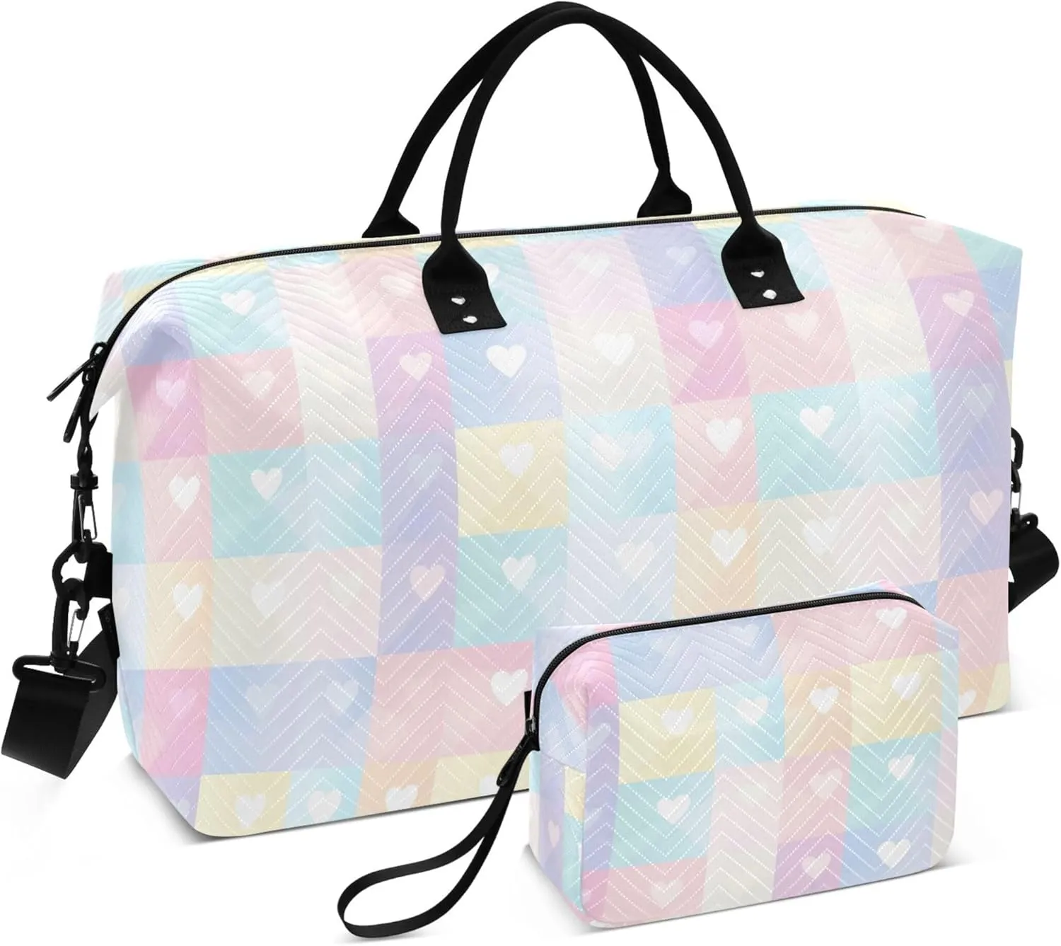 Rainbow Heart Striped Travel Duffel Bag with Toiletry Bag Personalized Weekender Bag for Travel Sports Trips Large Overnight Bag Gym Duffel Bag for Women & Men