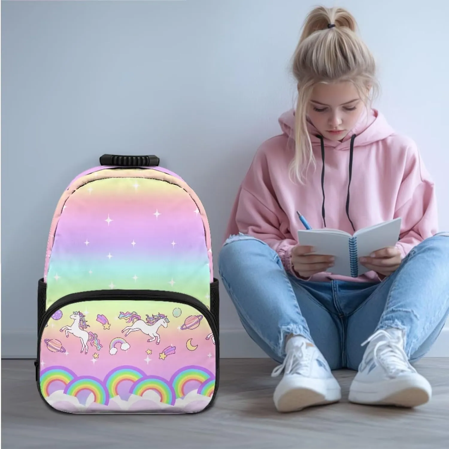 Rainbow Kids Backpack with Insulated Lunch Sets Pony 3pcs Schoolbag Tote Bag Purse 17 Inch Laptop Bookbag with Ergonomic Shoulder Straps for Kids