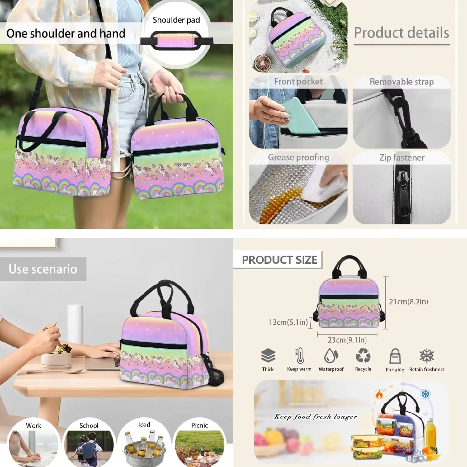 Rainbow Kids Backpack with Insulated Lunch Sets Pony 3pcs Schoolbag Tote Bag Purse 17 Inch Laptop Bookbag with Ergonomic Shoulder Straps for Kids