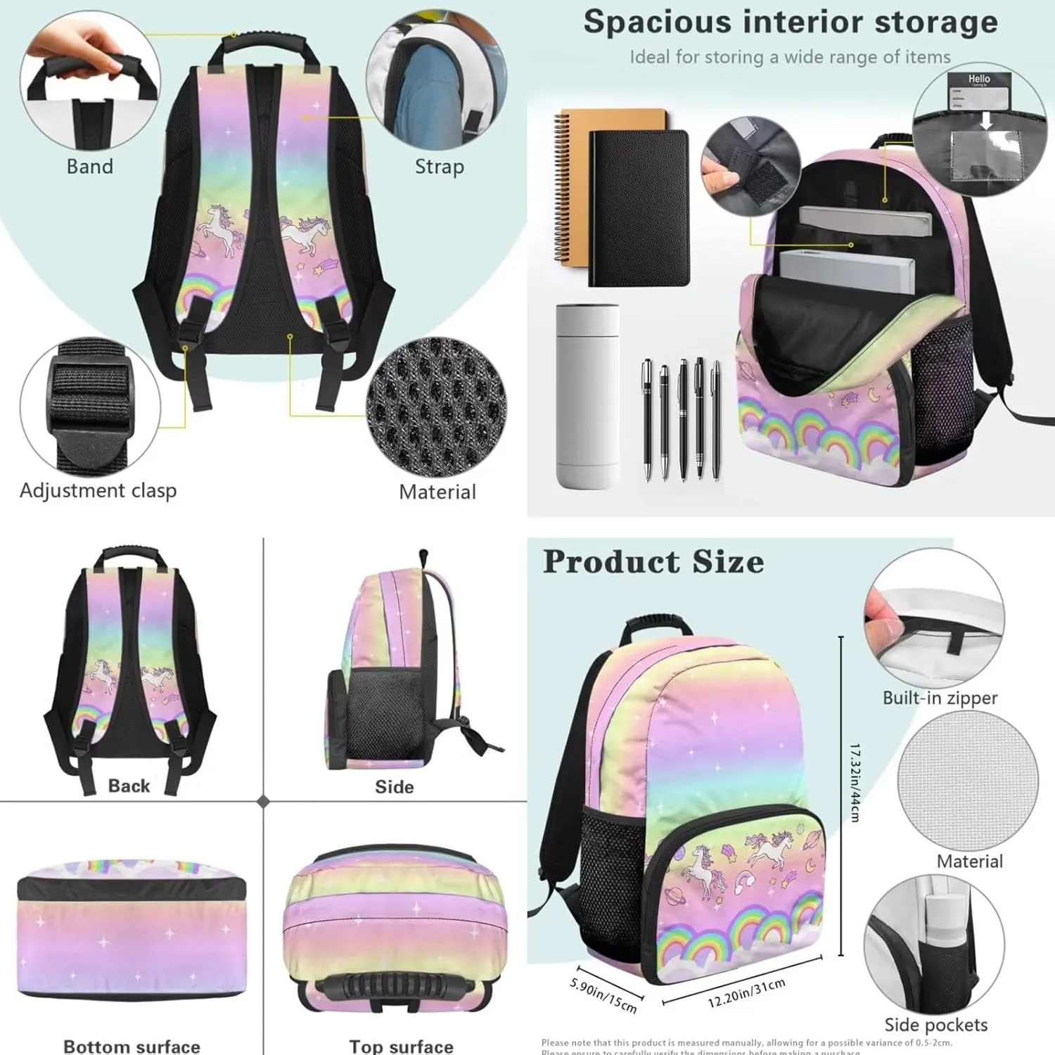 Rainbow Kids Backpack with Insulated Lunch Sets Pony 3pcs Schoolbag Tote Bag Purse 17 Inch Laptop Bookbag with Ergonomic Shoulder Straps for Kids