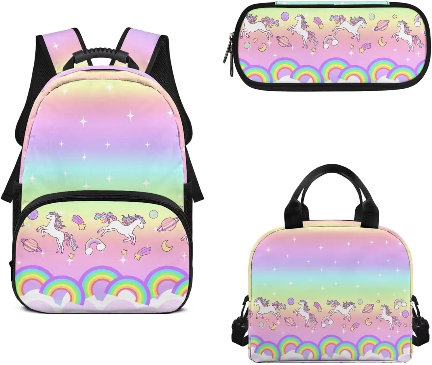 Rainbow Kids Backpack with Insulated Lunch Sets Pony 3pcs Schoolbag Tote Bag Purse 17 Inch Laptop Bookbag with Ergonomic Shoulder Straps for Kids