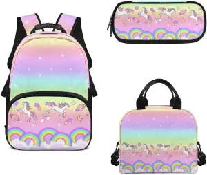 Rainbow Kids Backpack with Insulated Lunch Sets Pony 3pcs Schoolbag Tote Bag Purse 17 Inch Laptop Bookbag with Ergonomic Shoulder Straps for Kids