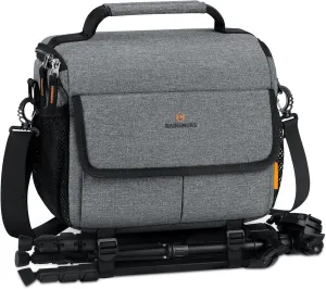 RAINSMORE Camera Bag for DSLR SLR Mirrorless Camera,Small Camera Sling Bag for Photographers Waterproof Camera Case with Tripod Holder Compact Camera Bag Crossbody with Rain Cover，Grey