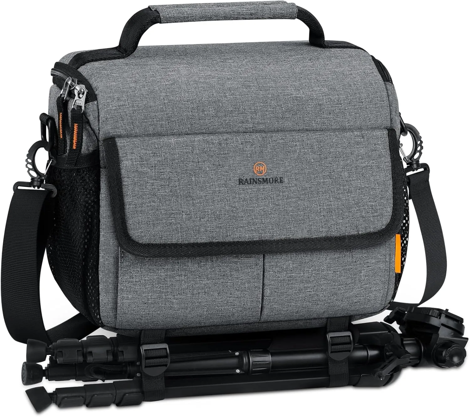 RAINSMORE Camera Bag for DSLR SLR Mirrorless Camera,Small Camera Sling Bag for Photographers Waterproof Camera Case with Tripod Holder Compact Camera Bag Crossbody with Rain Cover，Grey
