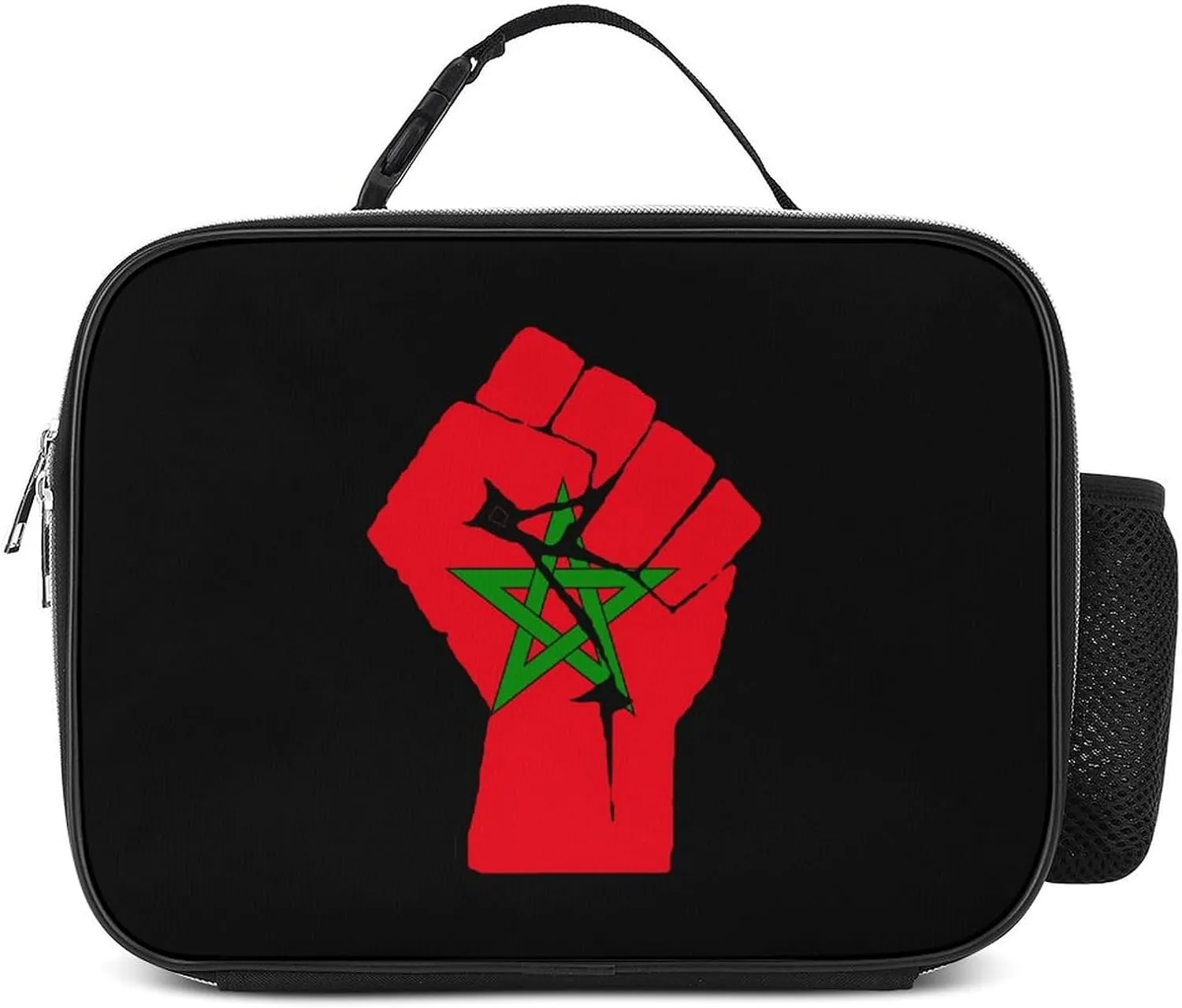 Raised Fist Morocco Flag Insulated Lunch Bag Cooler Bag Portable Waterproof Lunch Box Adjustable Handbag Meal Tote with Handle