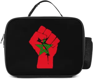 Raised Fist Morocco Flag Insulated Lunch Bag Cooler Bag Portable Waterproof Lunch Box Adjustable Handbag Meal Tote with Handle