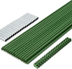 RAOOKIF Garden Stakes 4ft, 4ftx20 Pcs Plastic Coated Steel Plant Support Stakes Kit with 27 Connectors 27 Rotatable Clips, DIY Outdoor Plant Support Stakes for Growing Climbing Plants