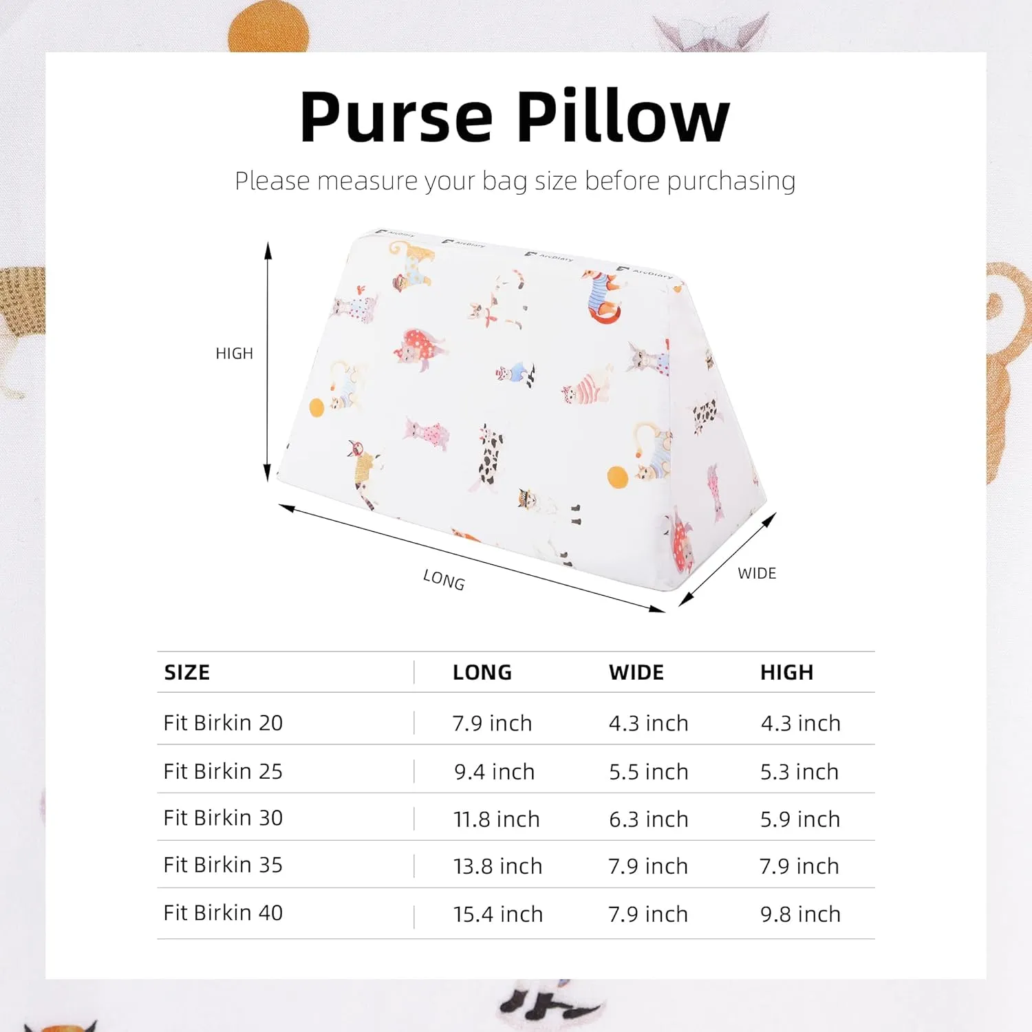 Rayon Purse Pillow Shaper Insert, unique pattern handbag shapers, Memory Foam, for Birkin 25/30/35/40 bags(BK25,Cat paradise)