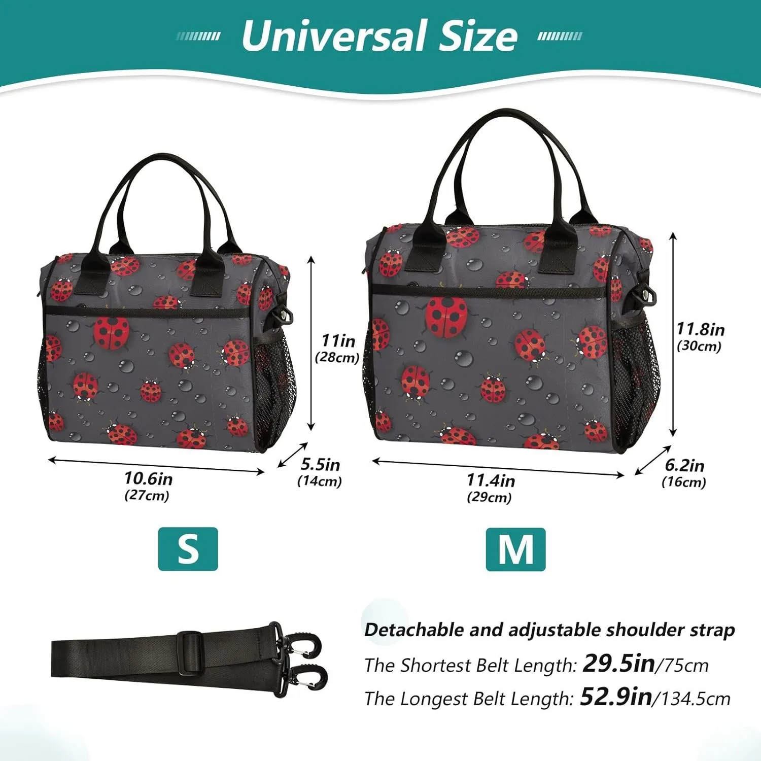 Red Ladybugs Lunch Bag Reusable Lunch Box for Office Picnic Hiking Beach, Insulated Cooler Tote Food Container with Adjustable Shoulder Strap for Men Women Adults