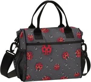 Red Ladybugs Lunch Bag Reusable Lunch Box for Office Picnic Hiking Beach, Insulated Cooler Tote Food Container with Adjustable Shoulder Strap for Men Women Adults