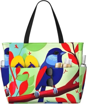 Red Leaf Bird Print 28L Large Beach Tote Bag, 7 Pockets Waterproof Travel Shoulder Bag, Gym Oversized Tote