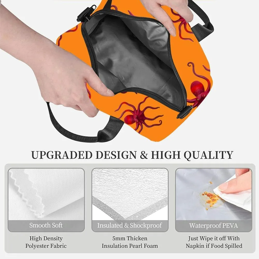 red octopus orange insect pest Insulated Adult Lunch Bag with Shoulder Strap for Women Lightweight Reusable Portable Freezable Lunch Tote Bag for Work Picnic