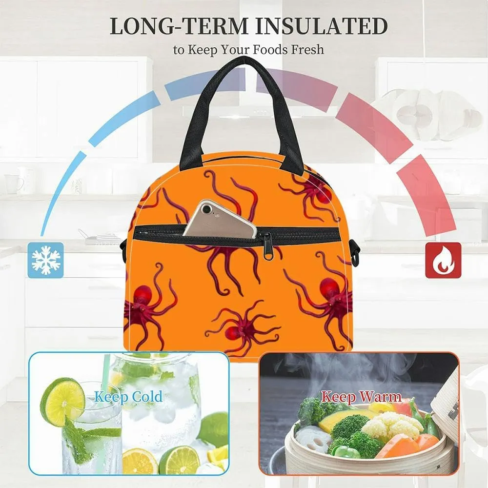 red octopus orange insect pest Insulated Adult Lunch Bag with Shoulder Strap for Women Lightweight Reusable Portable Freezable Lunch Tote Bag for Work Picnic