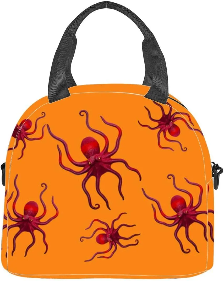 red octopus orange insect pest Insulated Adult Lunch Bag with Shoulder Strap for Women Lightweight Reusable Portable Freezable Lunch Tote Bag for Work Picnic