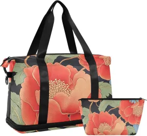 Red Pomegranates Flowers Retro Overnight Travel Duffel Bag Carry on Bag with Adjustable Strap for Hiking Multifunctional