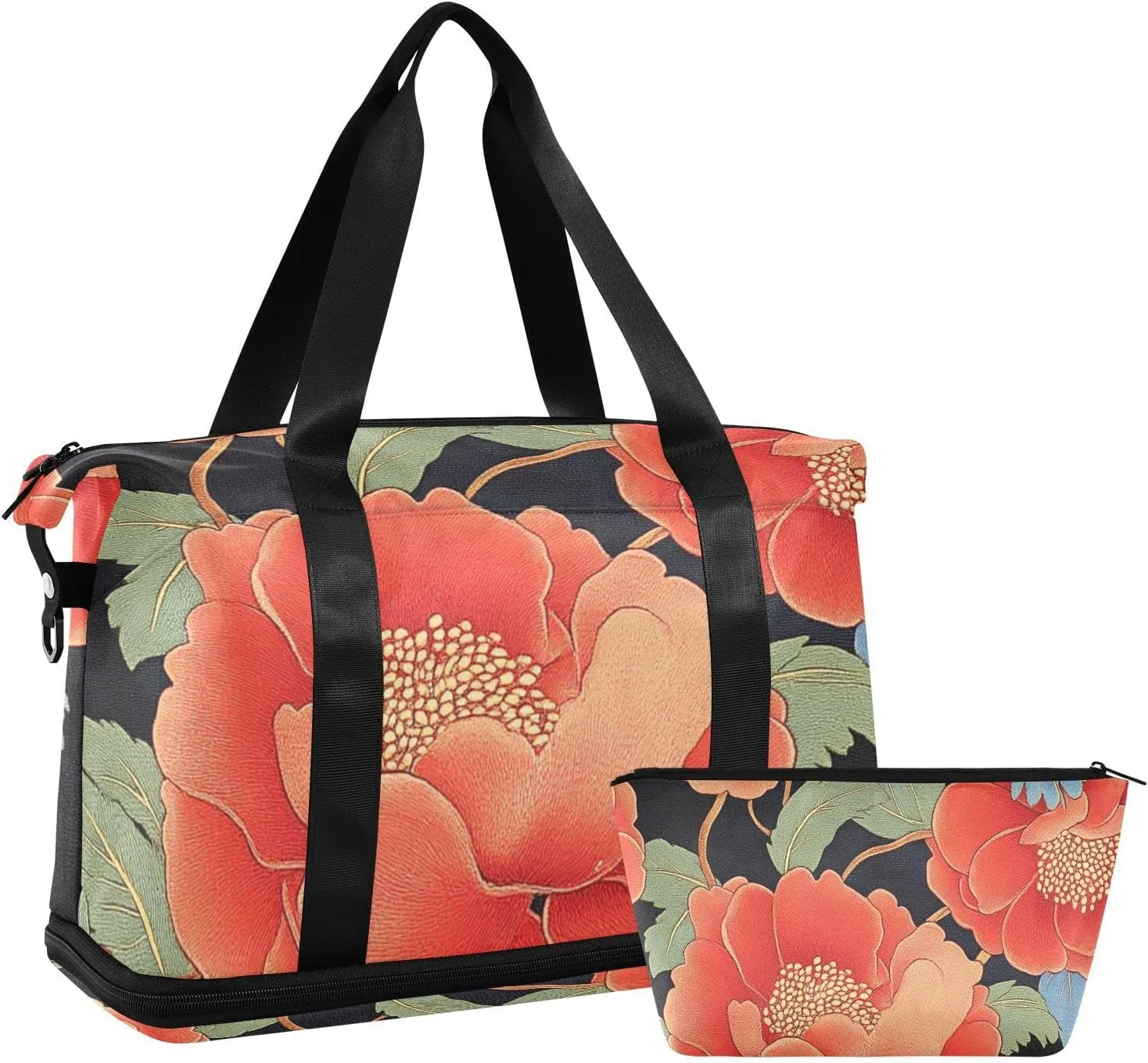 Red Pomegranates Flowers Retro Overnight Travel Duffel Bag Carry on Bag with Adjustable Strap for Hiking Multifunctional