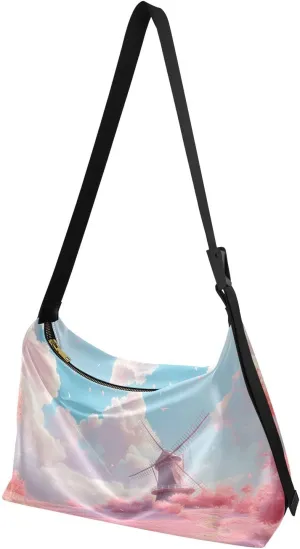 Red Windmill Landscape Shoulder Bag Leather Large Capacity Crossbody Bags Purse Zipper Closure with Fabric Strap