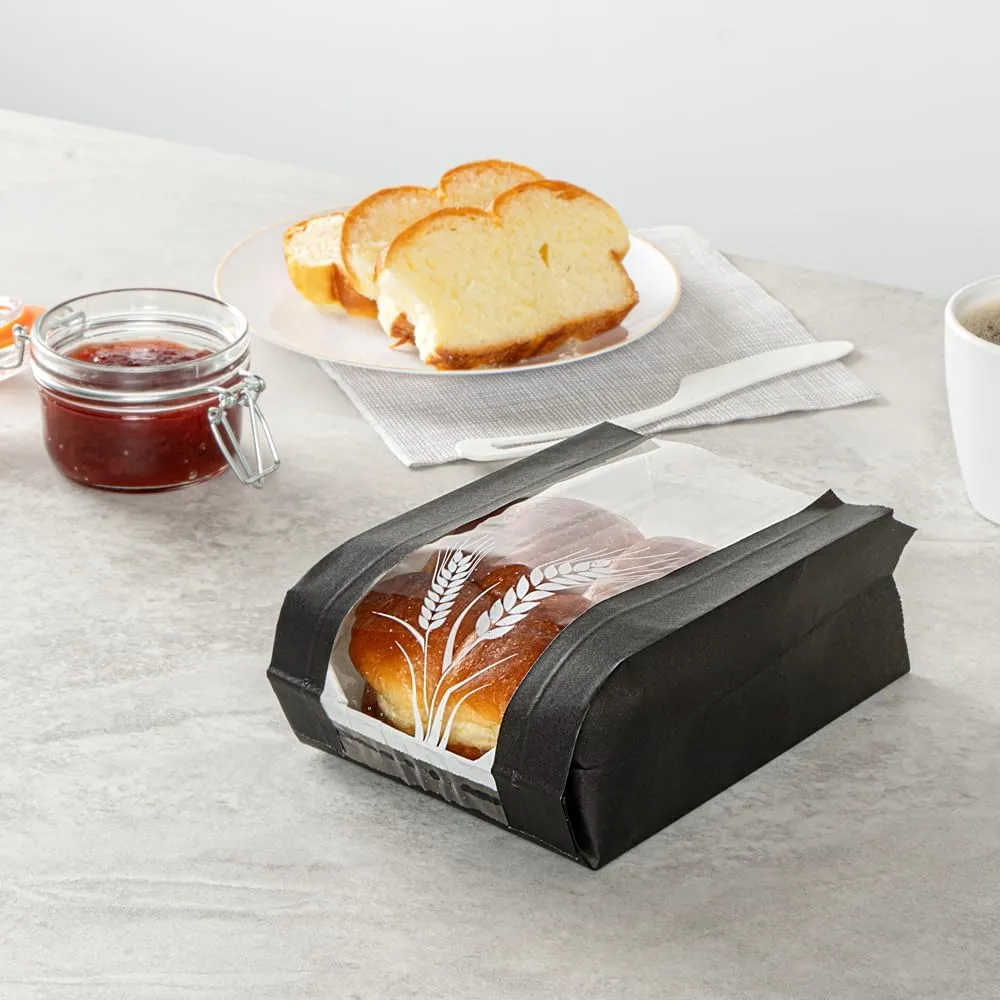 Restaurantware Bag Tek 4.8 x 2.8 x 8.5 Inch Bread Paper Bags 100 Greaseproof Baguette Paper Bags - Micro Perforated Clear Window Black Paper Bakery Bread Bags Disposable Freezable