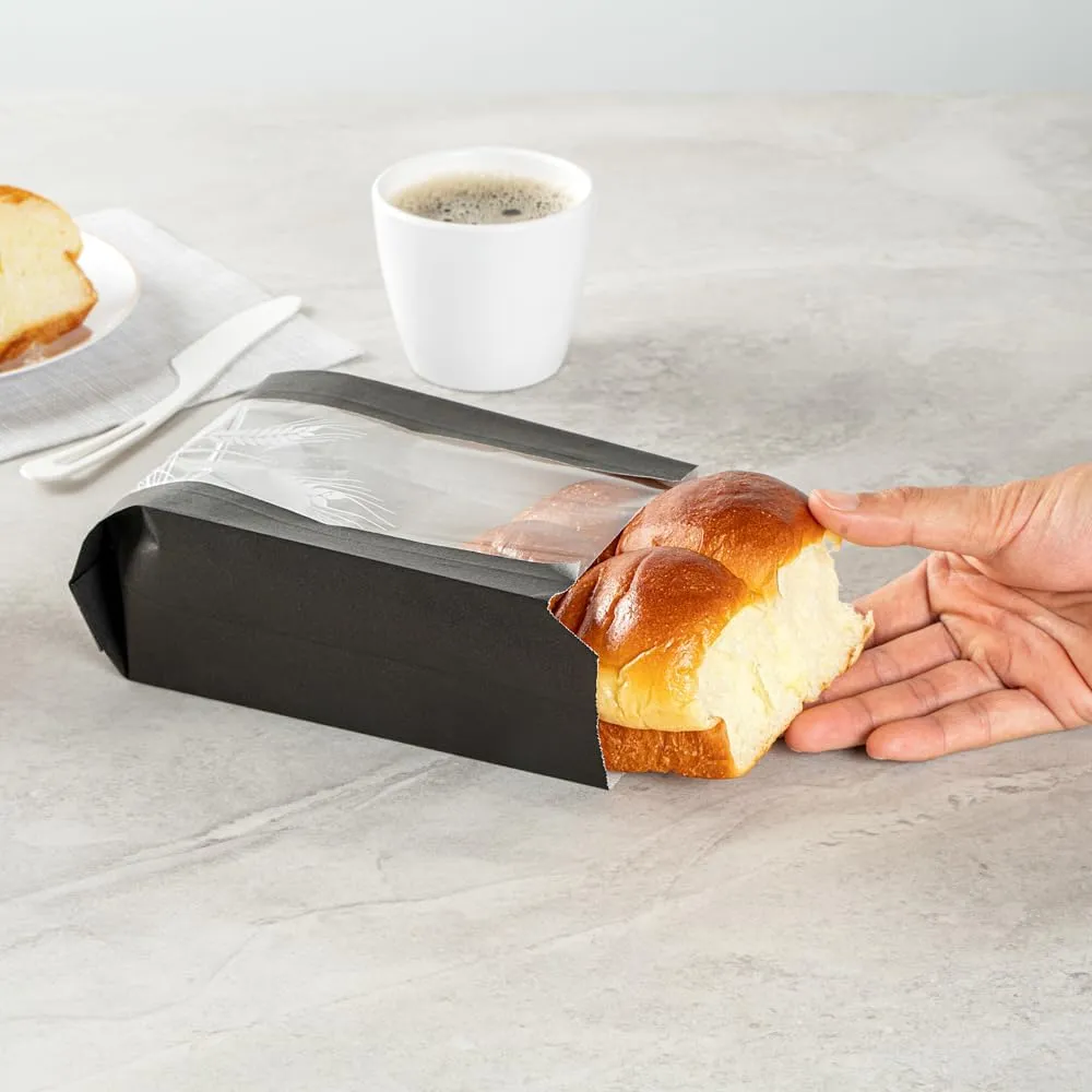 Restaurantware Bag Tek 4.8 x 2.8 x 8.5 Inch Bread Paper Bags 100 Greaseproof Baguette Paper Bags - Micro Perforated Clear Window Black Paper Bakery Bread Bags Disposable Freezable