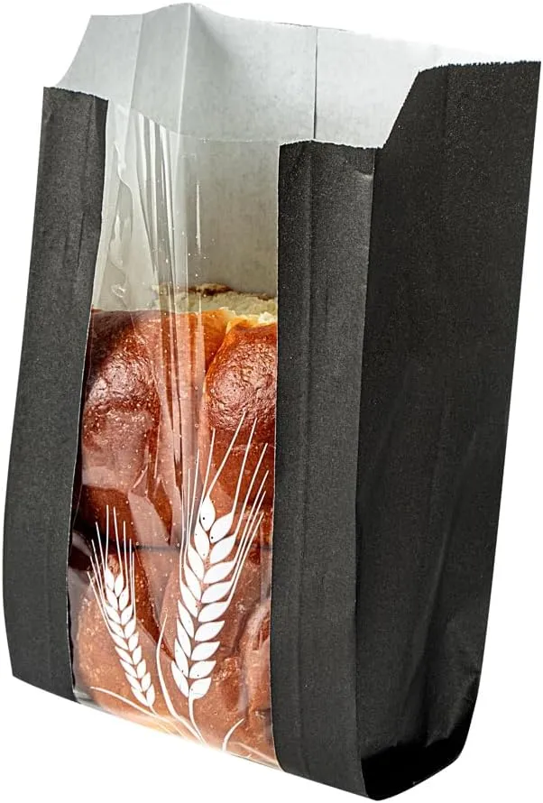Restaurantware Bag Tek 4.8 x 2.8 x 8.5 Inch Bread Paper Bags 100 Greaseproof Baguette Paper Bags - Micro Perforated Clear Window Black Paper Bakery Bread Bags Disposable Freezable