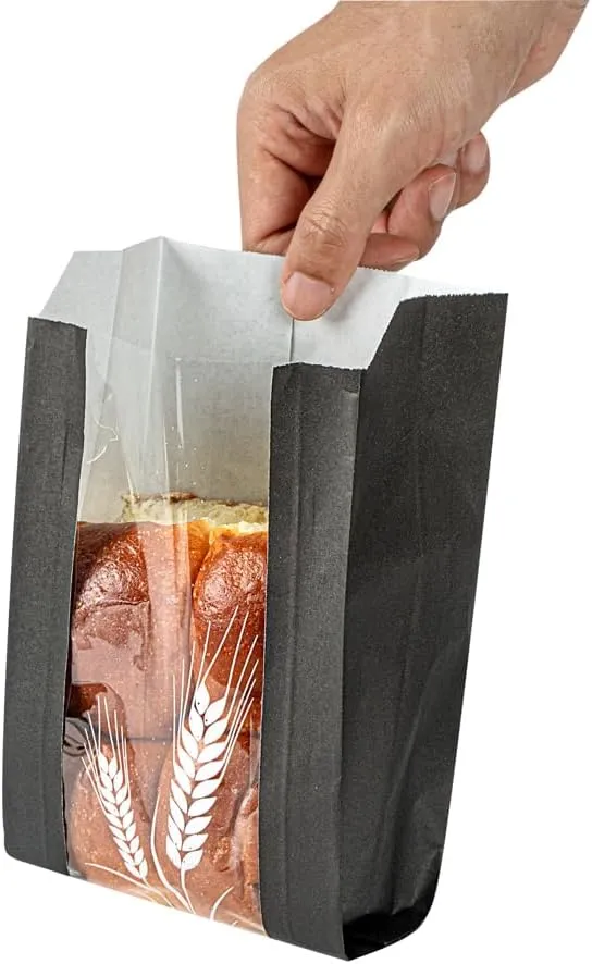 Restaurantware Bag Tek 4.8 x 2.8 x 8.5 Inch Bread Paper Bags 100 Greaseproof Baguette Paper Bags - Micro Perforated Clear Window Black Paper Bakery Bread Bags Disposable Freezable
