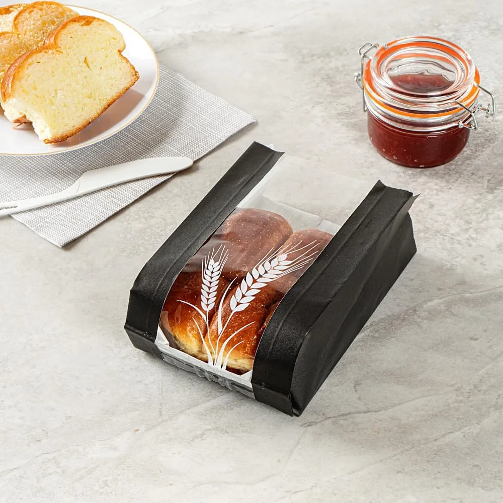 Restaurantware Bag Tek 4.8 x 2.8 x 8.5 Inch Bread Paper Bags 100 Greaseproof Baguette Paper Bags - Micro Perforated Clear Window Black Paper Bakery Bread Bags Disposable Freezable