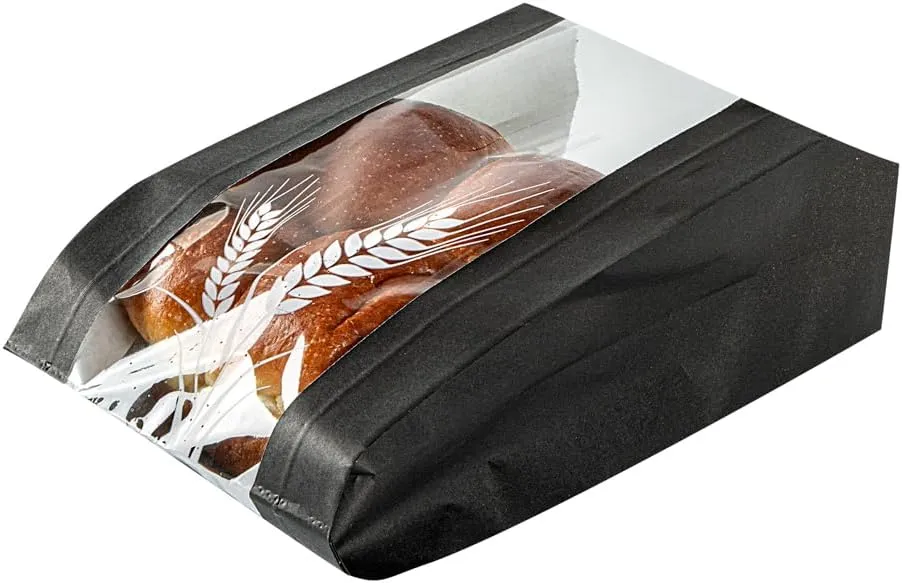 Restaurantware Bag Tek 4.8 x 2.8 x 8.5 Inch Bread Paper Bags 100 Greaseproof Baguette Paper Bags - Micro Perforated Clear Window Black Paper Bakery Bread Bags Disposable Freezable