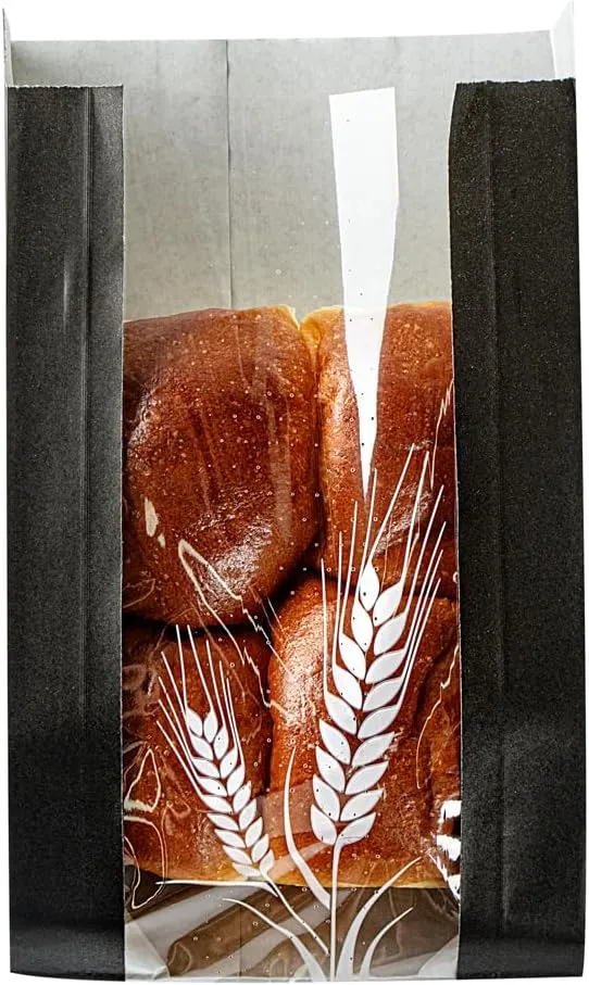 Restaurantware Bag Tek 4.8 x 2.8 x 8.5 Inch Bread Paper Bags 100 Greaseproof Baguette Paper Bags - Micro Perforated Clear Window Black Paper Bakery Bread Bags Disposable Freezable