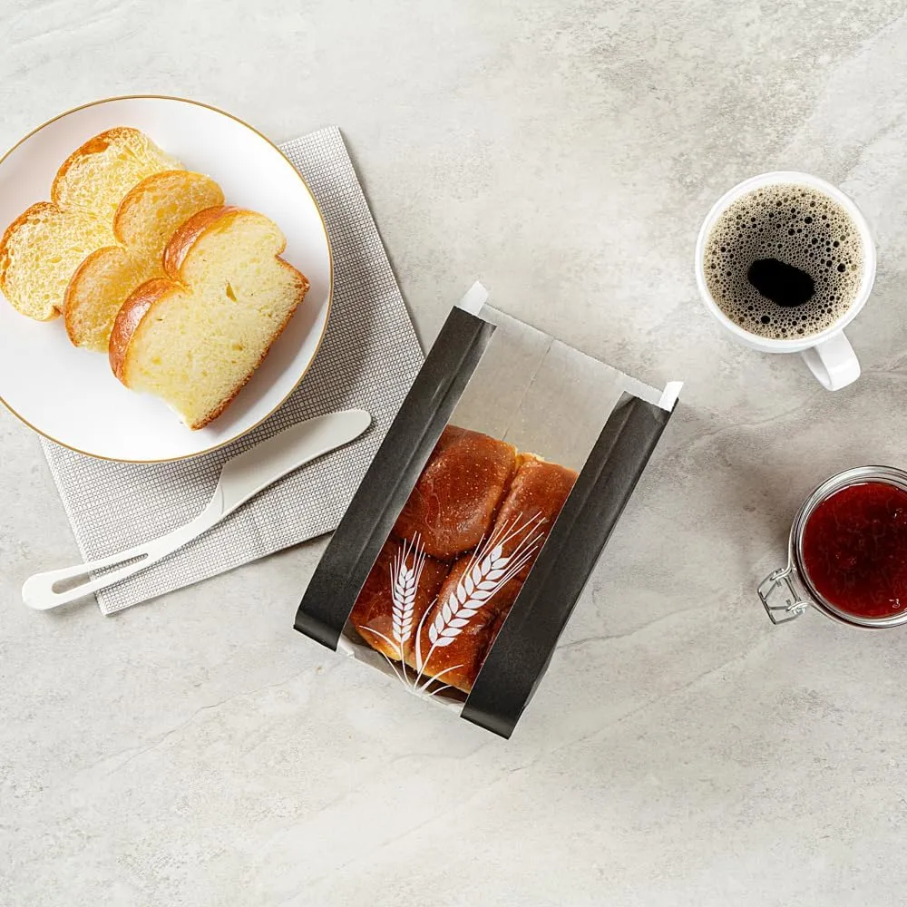 Restaurantware Bag Tek 4.8 x 2.8 x 8.5 Inch Bread Paper Bags 100 Greaseproof Baguette Paper Bags - Micro Perforated Clear Window Black Paper Bakery Bread Bags Disposable Freezable