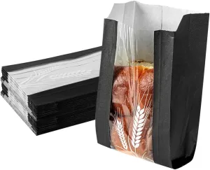 Restaurantware Bag Tek 4.8 x 2.8 x 8.5 Inch Bread Paper Bags 100 Greaseproof Baguette Paper Bags - Micro Perforated Clear Window Black Paper Bakery Bread Bags Disposable Freezable