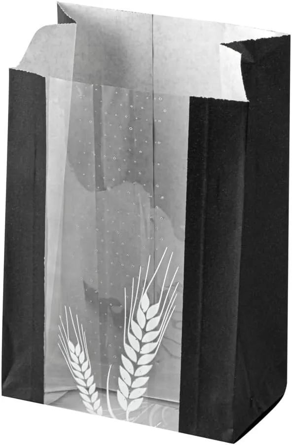 Restaurantware Bag Tek 4.8 x 2.8 x 8.5 Inch Bread Paper Bags 100 Greaseproof Baguette Paper Bags - Micro Perforated Clear Window Black Paper Bakery Bread Bags Disposable Freezable