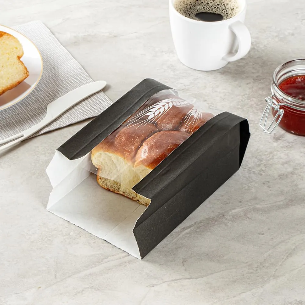 Restaurantware Bag Tek 4.8 x 2.8 x 8.5 Inch Bread Paper Bags 100 Greaseproof Baguette Paper Bags - Micro Perforated Clear Window Black Paper Bakery Bread Bags Disposable Freezable