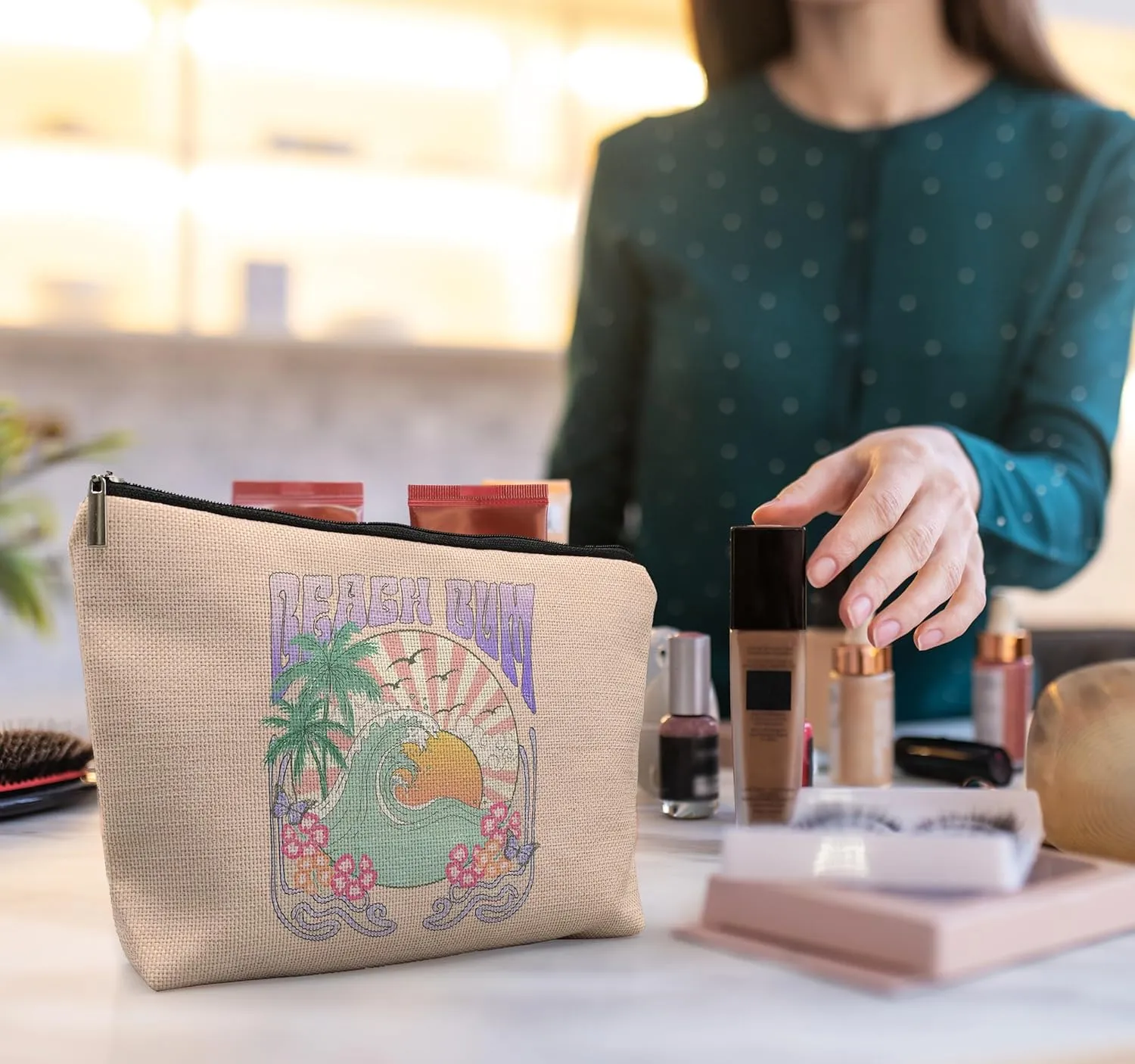 Retro Beach Makeup Bag - Funny Cosmetic Bag for Purse, Summer Gifts for Women, Beach Vacation Essentials