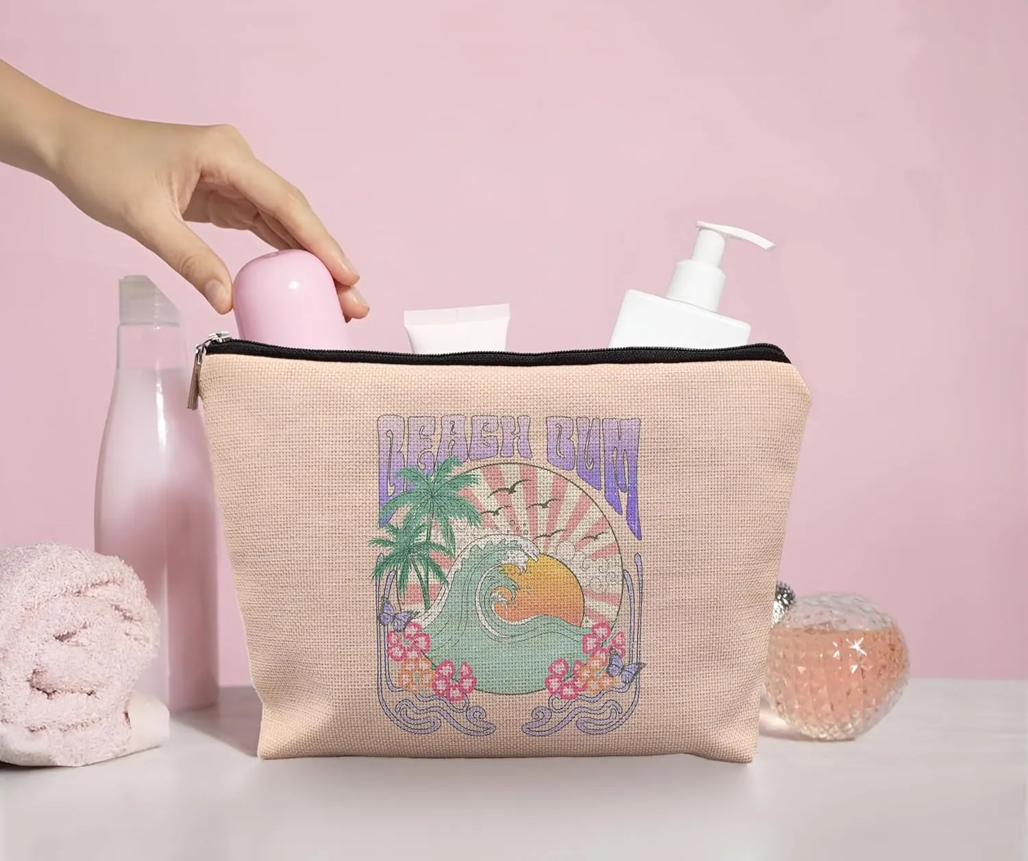 Retro Beach Makeup Bag - Funny Cosmetic Bag for Purse, Summer Gifts for Women, Beach Vacation Essentials