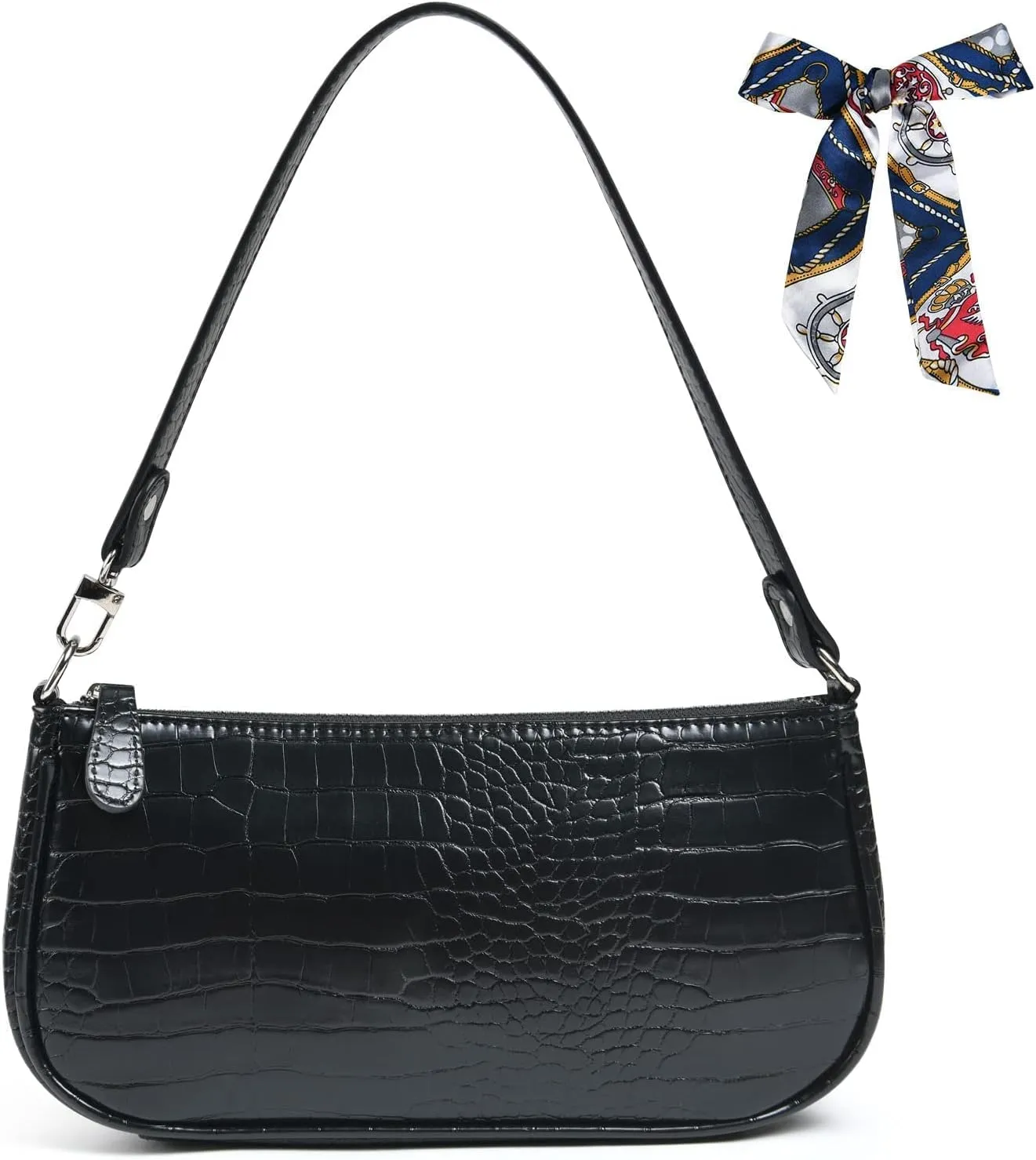 Retro Classic Clutch Bag for Women, Crocodile Leather Underarm Bag Small Purse with Ribbon, Zipper Closure