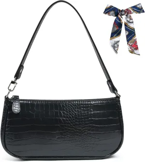 Retro Classic Clutch Bag for Women, Crocodile Leather Underarm Bag Small Purse with Ribbon, Zipper Closure