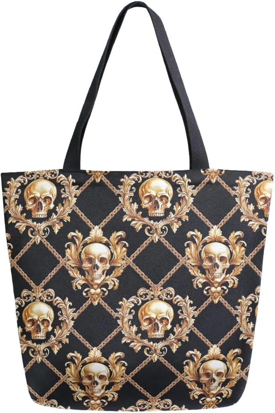 Retro Gold Floral Skull on Black Background Canvas Tote Bag for Women with Zipper Pocket Reusable Grocery Shopping Bags Large Travel Shoulder Bag Handbag Bags