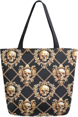 Retro Gold Floral Skull on Black Background Canvas Tote Bag for Women with Zipper Pocket Reusable Grocery Shopping Bags Large Travel Shoulder Bag Handbag Bags