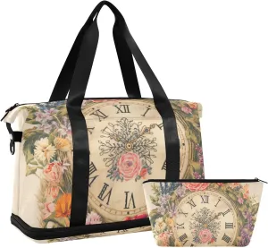 Retro Pocket Watch Wreath Flower Luggage Travel Bag Weekender Duffel Bag with Adjustable Strap for Trekking Large Capacity