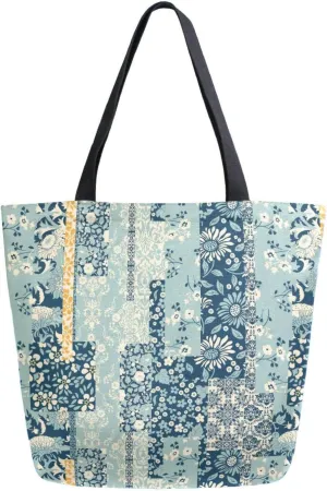 Retro Shabby Floral Vintage Blue Canvas Tote Bag for Women with Zipper Pocket Reusable Grocery Shopping Bags Large Travel Shoulder Bag Handbag Bags