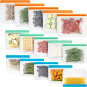 Reusable Freezer Bags | 15-Pack | M, L & XL Reusable Ziplock Bags | BPA Free & Leakproof Food Bags for Fridge Storage, Freezer Storage, Food Storage, & Batch Cooking