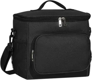 Reusable Insulated Lunch Bag for Women Men, 12L Large Cooler Bag with Adjustable Shoulder Strap, Leakproof Waterproof Black Lunch Bag for Office Work Picnic Father's Day