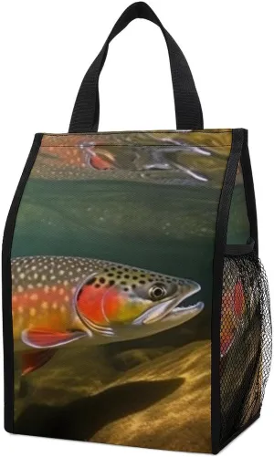 Reusable Lunch Bag for Women Men Brook Trout Fly Fishing Lunch Tote Bags Insulated Lunch Box Large Capacity Lunchbox Cooler Lunch Container for Work Office Picnic Travel
