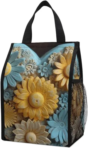 Reusable Lunch Bag for Women Men Wood Carving Style Flowers Lunch Tote Bags Insulated Lunch Box Large Capacity Lunchbox Cooler Lunch Container for Work Office Picnic Travel