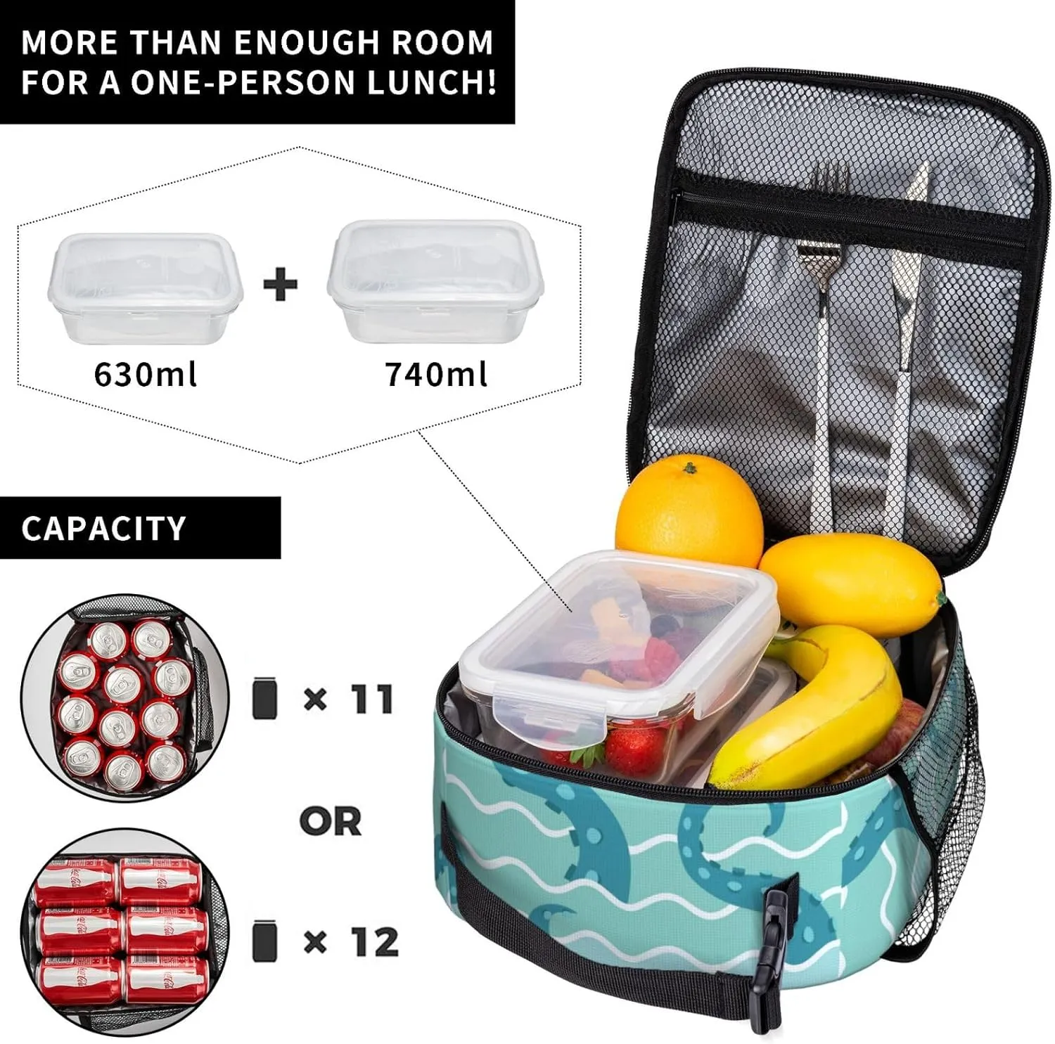 Reusable Lunch Bag Sea Wave Octopuses Tentacle Insulated Lunch Box Container Portable Cooler Thermal Lunch Tote Bag for Women Men Adult Work Office Picnic Travel Beach, 8x4x10 inch